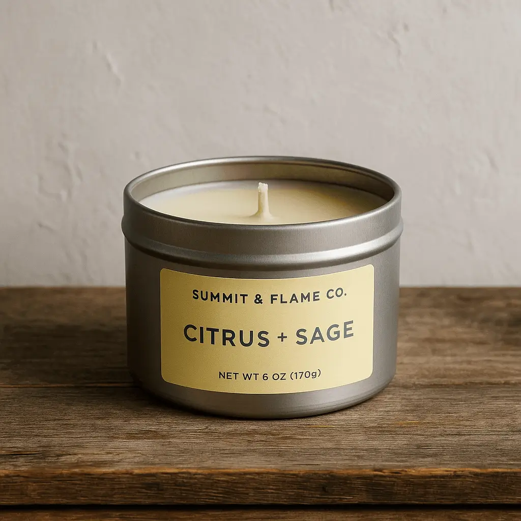 A product photo of Soy Candle (Tin) from Summit & Flame Co. in the 'Citrus + Sage' scent.