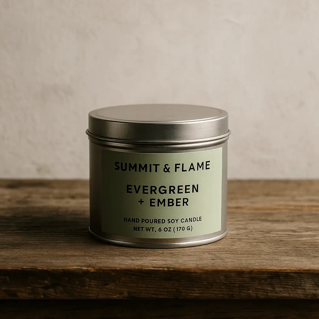 A product photo of Soy Candle (Tin) from Summit & Flame Co. in the 'Evergreen + Ember' scent.