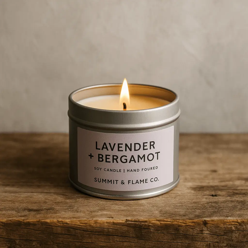 A product photo of Soy Candle (Tin) from Summit & Flame Co. in the 'Lavender + Bergamot' scent.