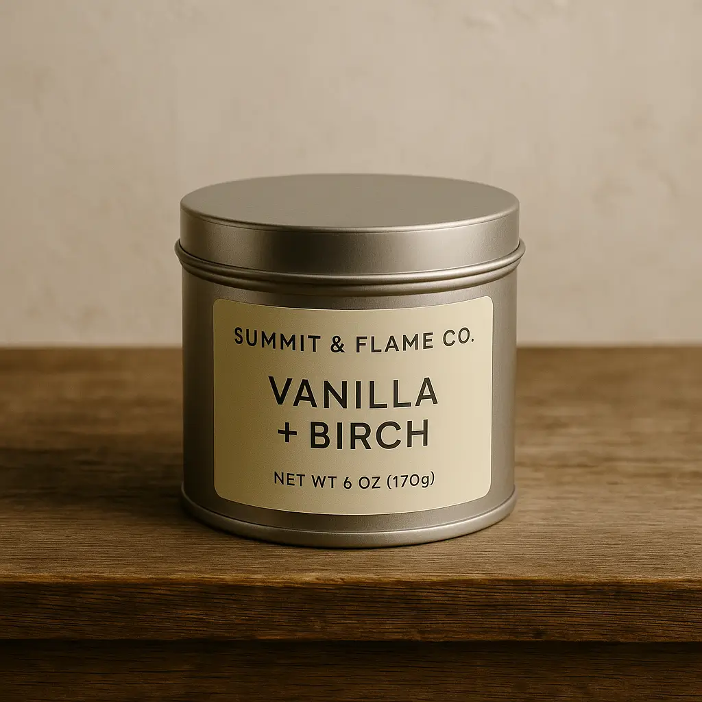 A product photo of Soy Candle (Tin) from Summit & Flame Co. in the 'Vanilla + Birch' scent.