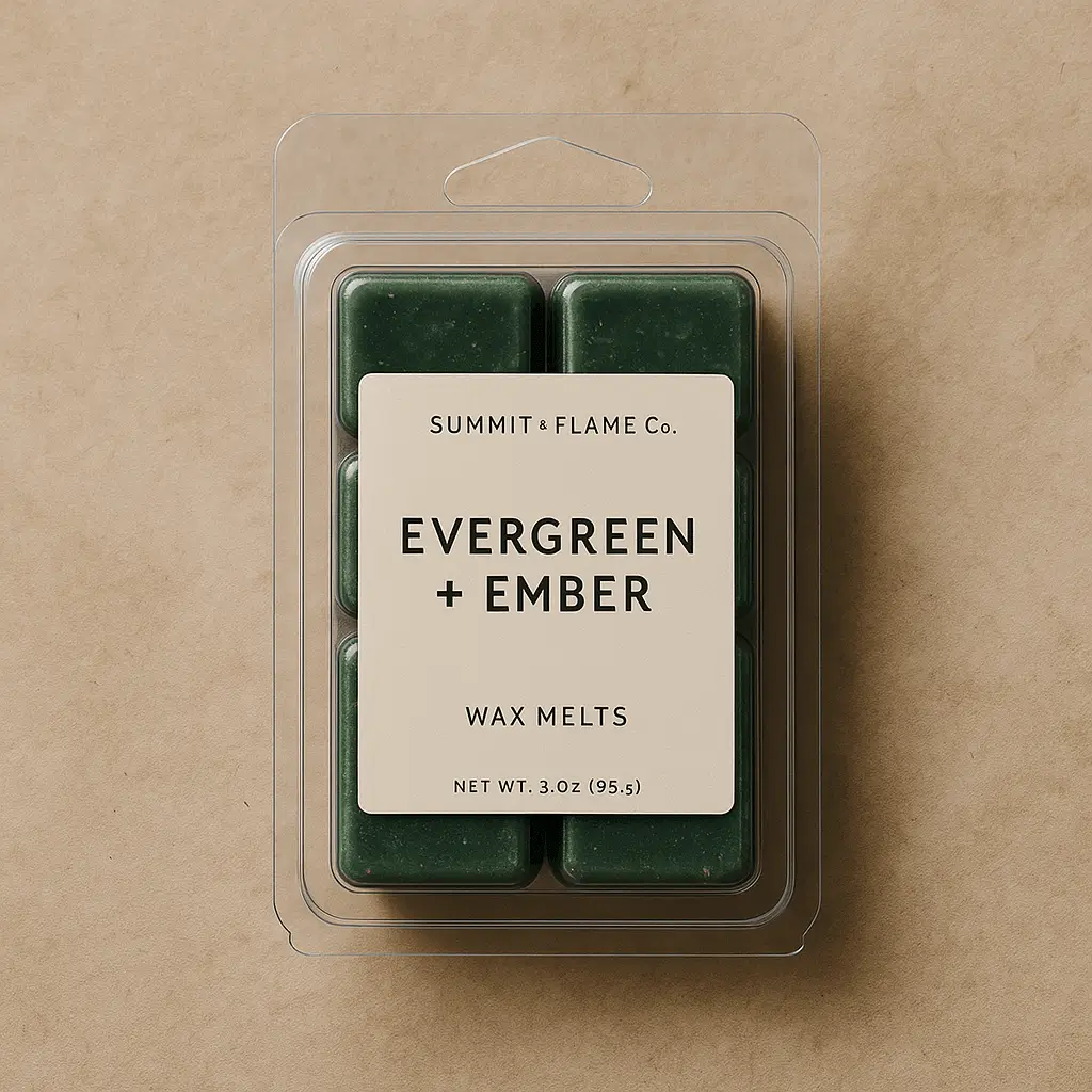 A product photo of Soy Wax Melts from Summit & Flame Co. in the 'Evergreen + Ember' scent.