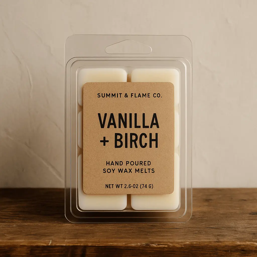 A product photo of Soy Wax Melts from Summit & Flame Co. in the 'Vanilla + Birch' scent.