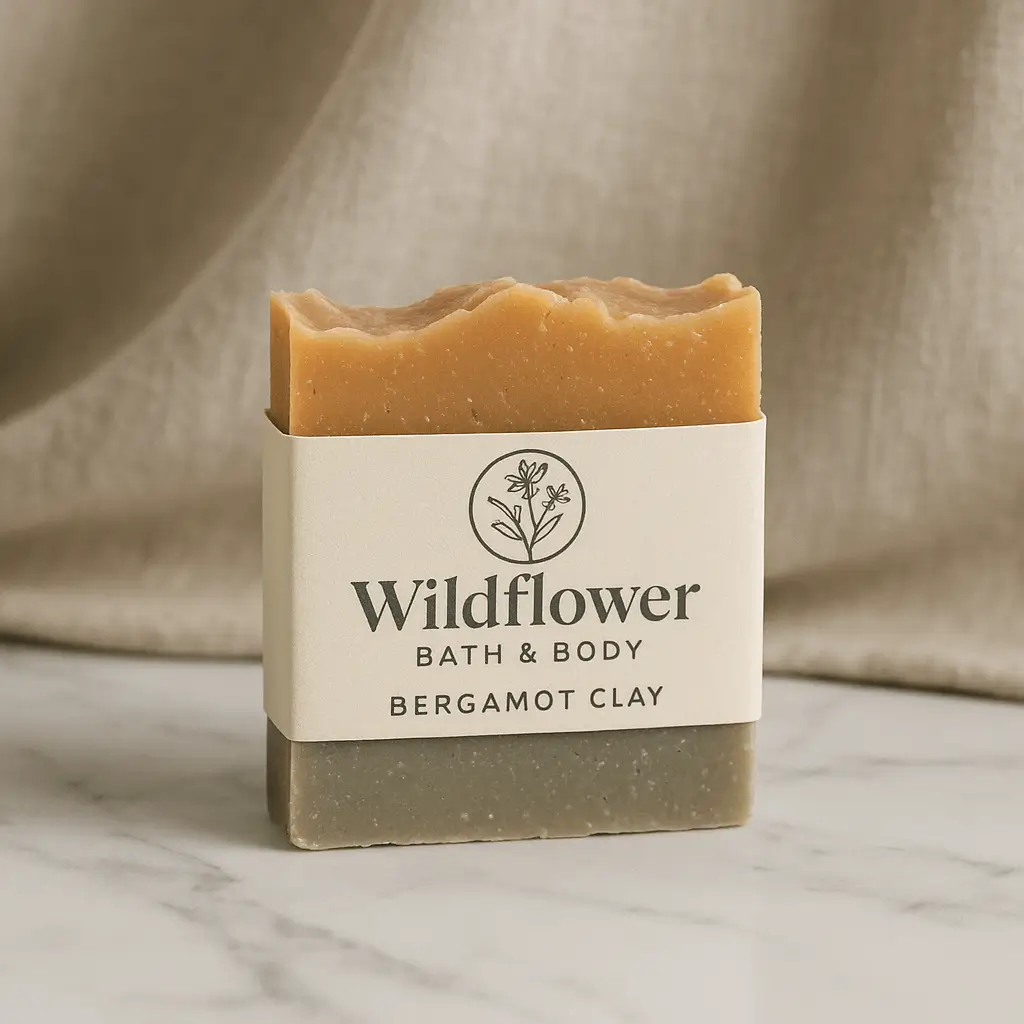 A product photo of Handcrafted Soap Bar from Wildflower Bath & Body in the 'Bergamot Clay' scent.
