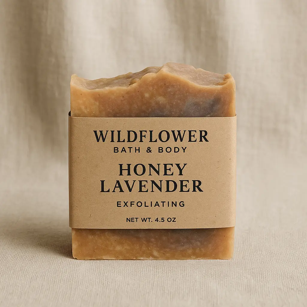 A product photo of Handcrafted Soap Bar from Wildflower Bath & Body in the 'Honey Lavender' scent.