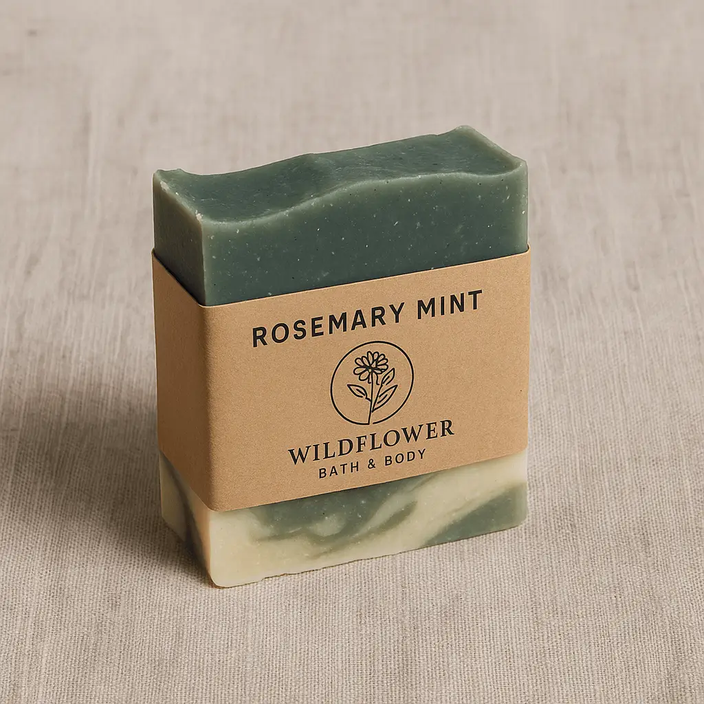 A product photo of Handcrafted Soap Bar from Wildflower Bath & Body in the 'Rosemary Mint' scent.