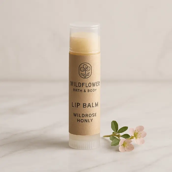 A product photo of Wildrose Honey Lip Balm from Wildflower Bath & Body.