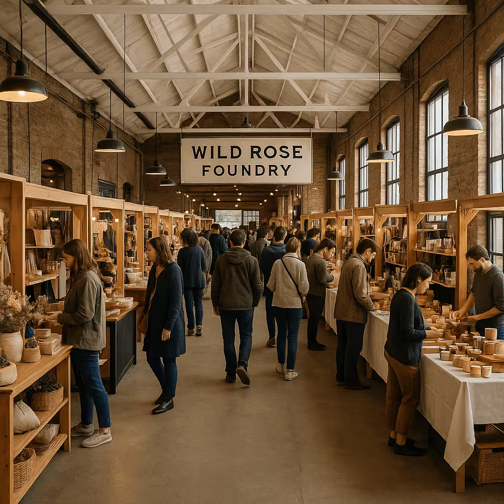 interior view of Wild Rose Foundry market with vendors and customers