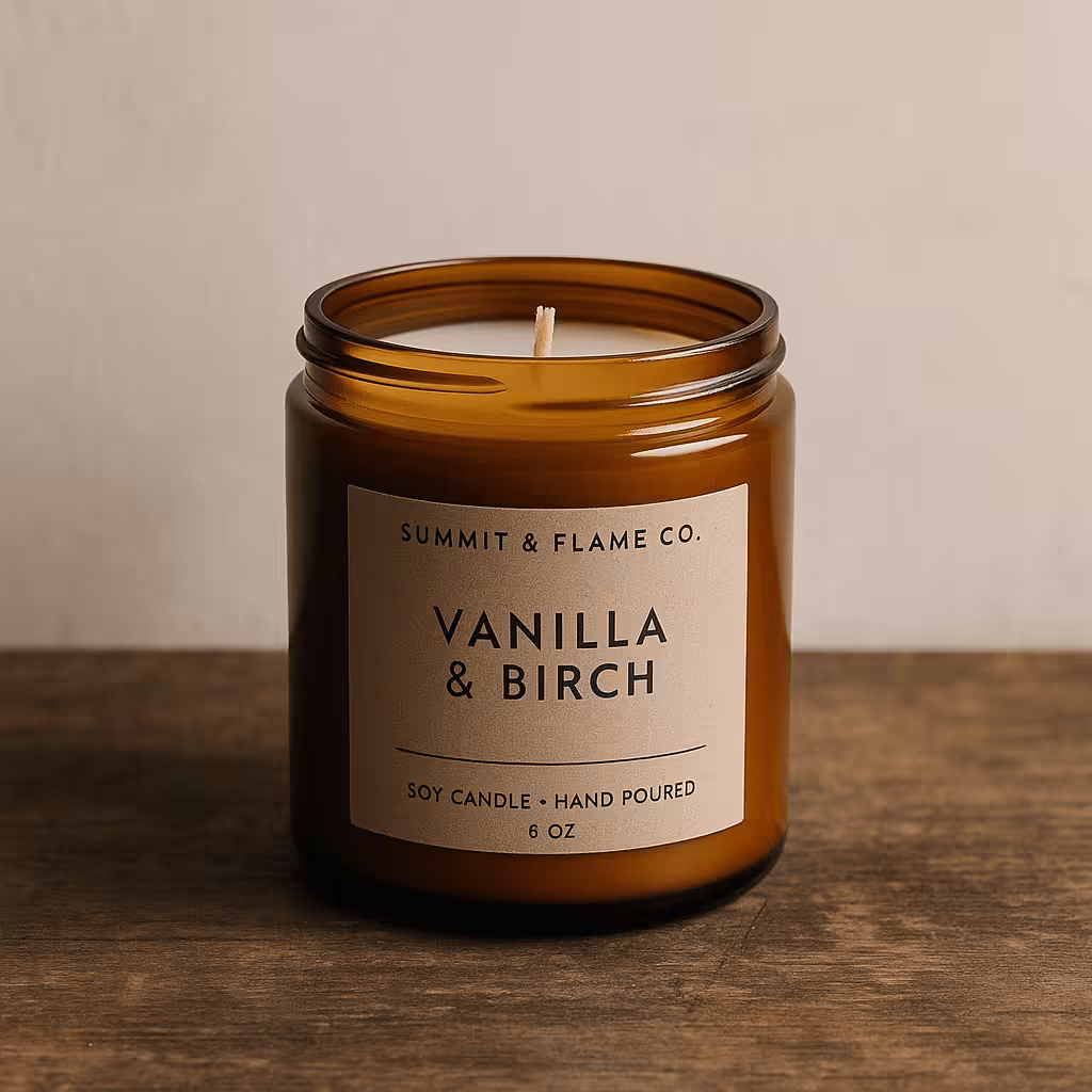 A product photo of Soy Candle (Glass Jar) from Summit & Flame Co. in the 'Vanilla + Birch' scent.