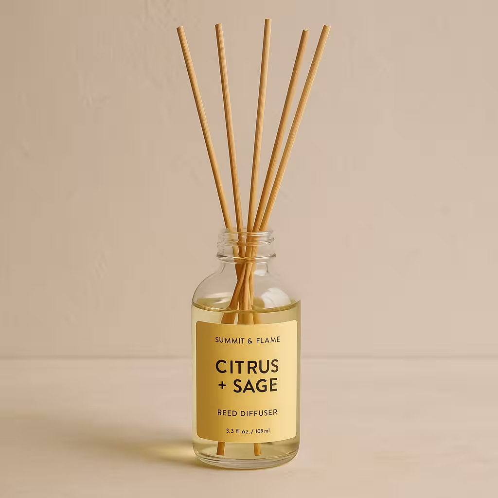 A product photo of Reed Diffuser from Summit & Flame Co. in the 'Citrus + Sage' scent.