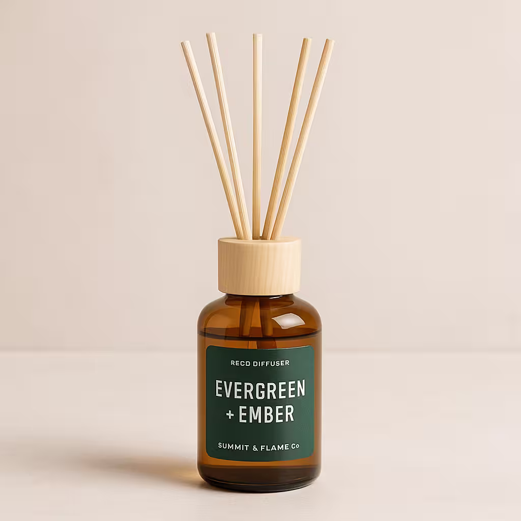 A product photo of Reed Diffuser from Summit & Flame Co. in the 'Evergreen + Ember' scent.