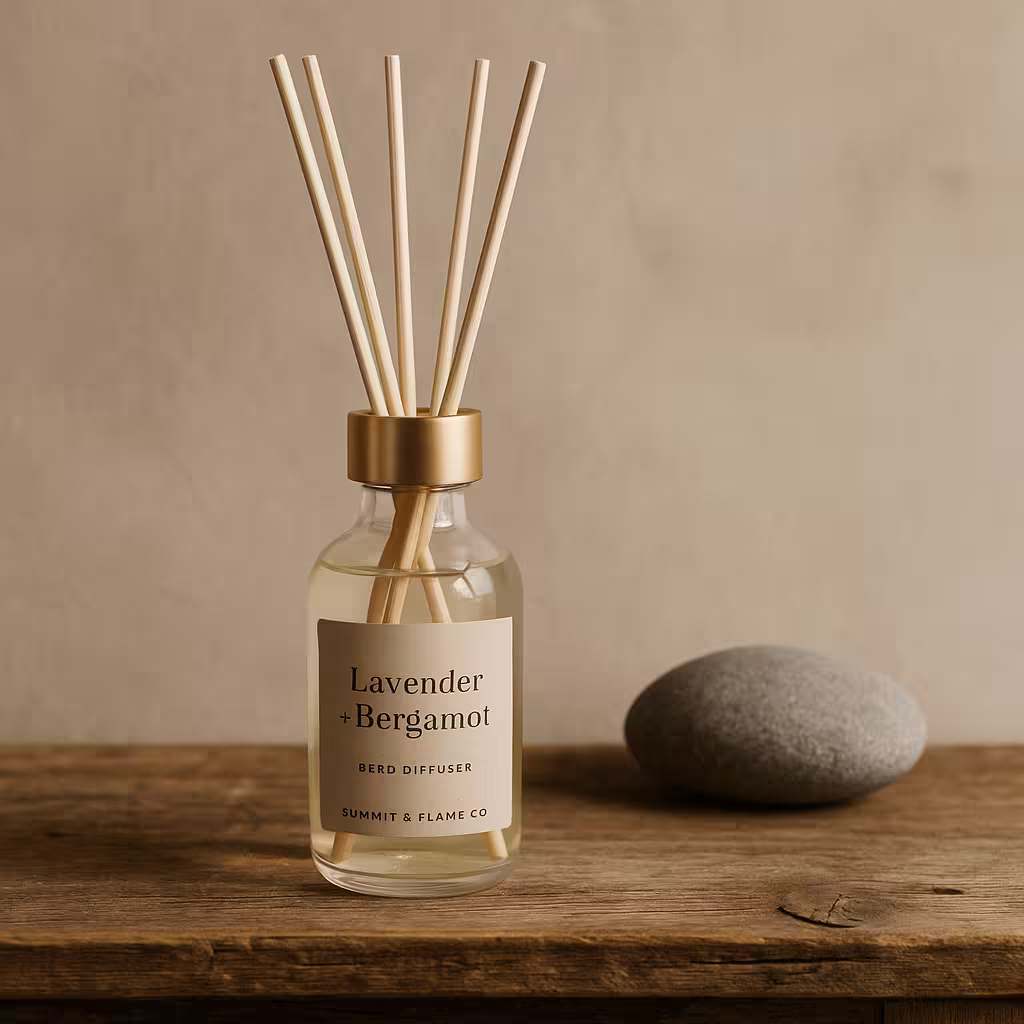 A product photo of Reed Diffuser from Summit & Flame Co. in the 'Lavender + Bergamot' scent.