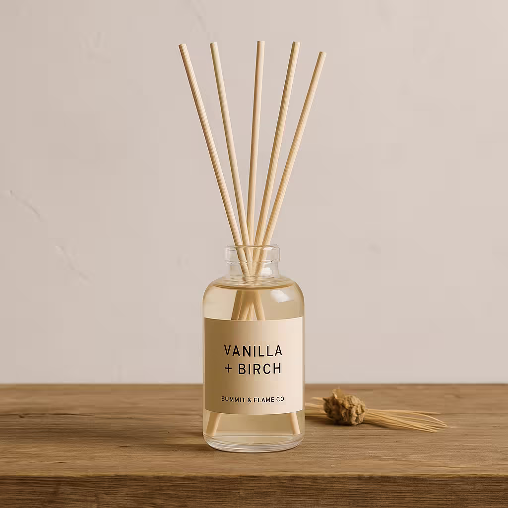 A product photo of Reed Diffuser from Summit & Flame Co. in the 'Vanilla + Birch' scent.