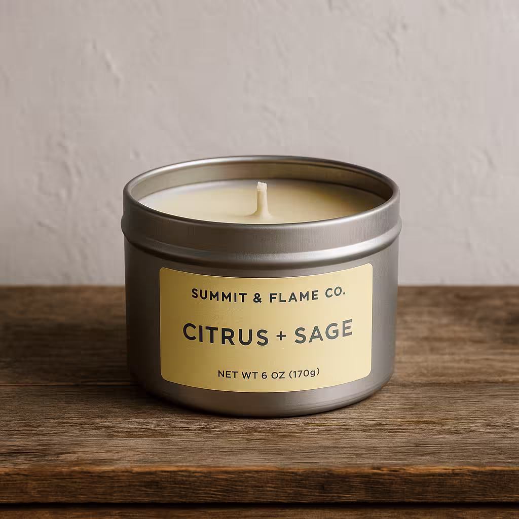 A product photo of Soy Candle (Tin) from Summit & Flame Co. in the 'Citrus + Sage' scent.