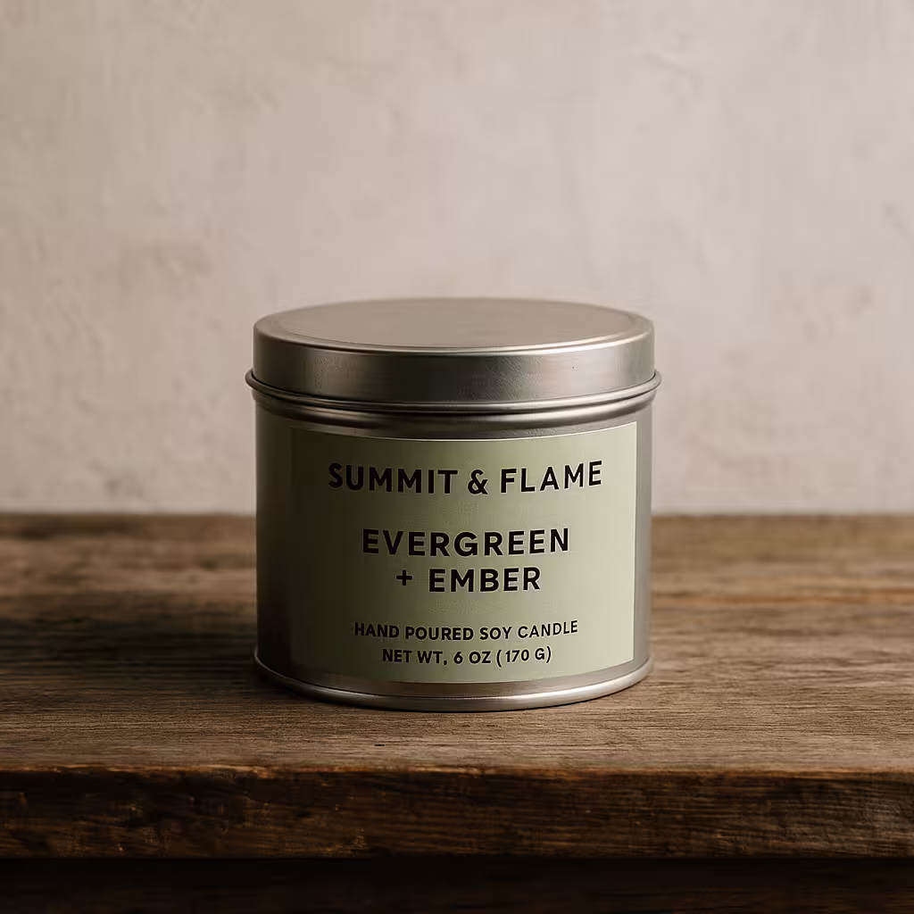 A product photo of Soy Candle (Tin) from Summit & Flame Co. in the 'Evergreen + Ember' scent.