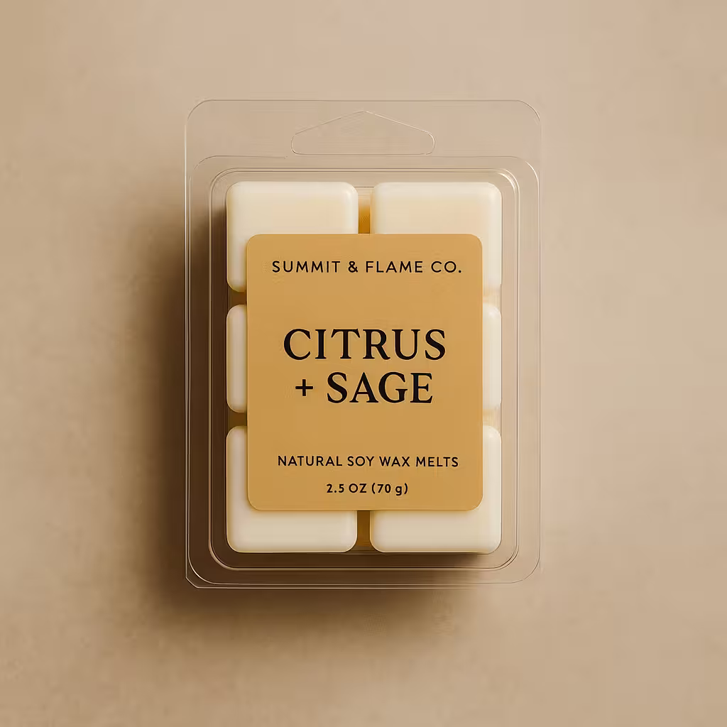 A product photo of Soy Wax Melts from Summit & Flame Co. in the 'Citrus + Sage' scent.