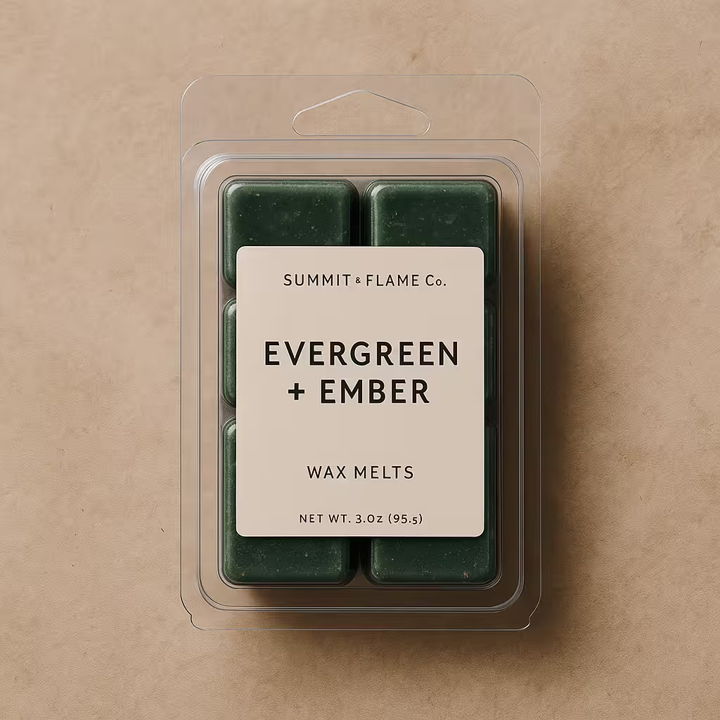 A product photo of Soy Wax Melts from Summit & Flame Co. in the 'Evergreen + Ember' scent.