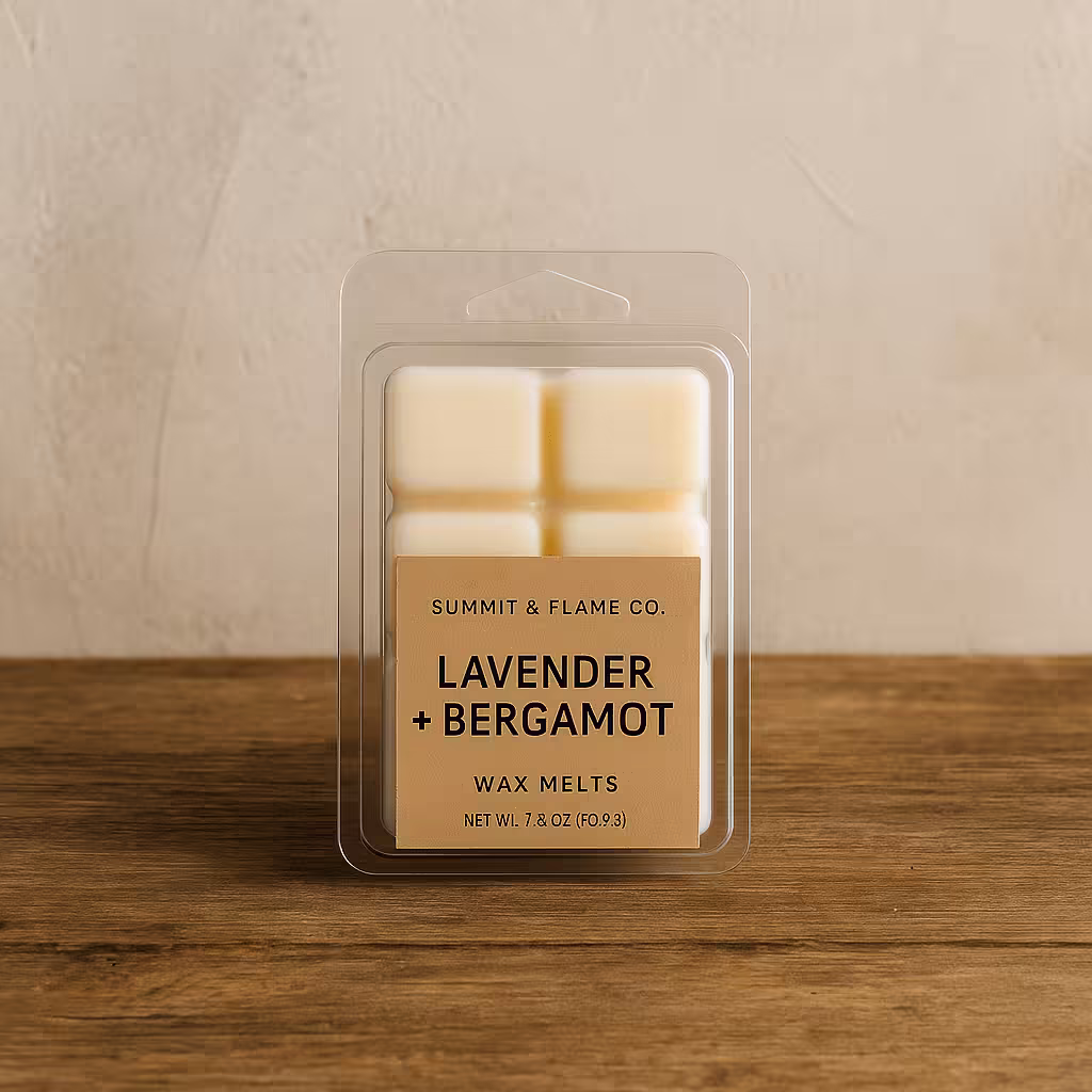 A product photo of Soy Wax Melts from Summit & Flame Co. in the 'Lavender + Bergamot' scent.