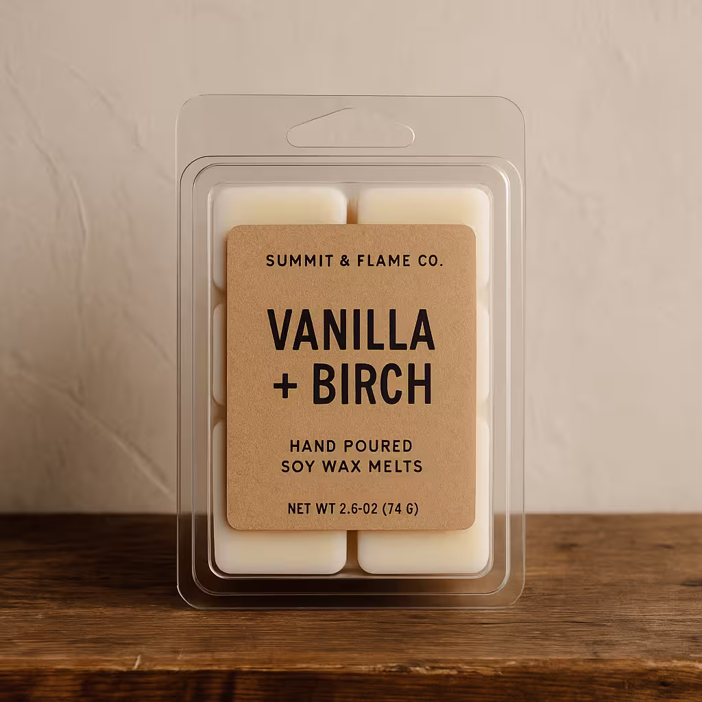 A product photo of Soy Wax Melts from Summit & Flame Co. in the 'Vanilla + Birch' scent.
