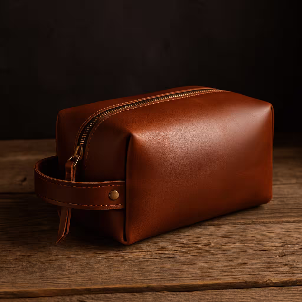 A product photo of Leather Dopp Kit from Trailhead Leatherworks.