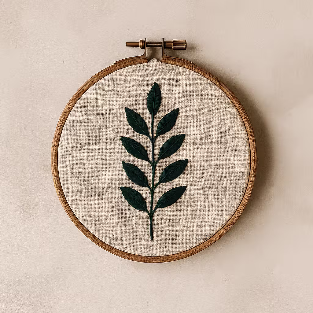 A product photo of Embroidered Hoop Art from Thimble & Thicket featuring the 'Leaf & Branch' motif.