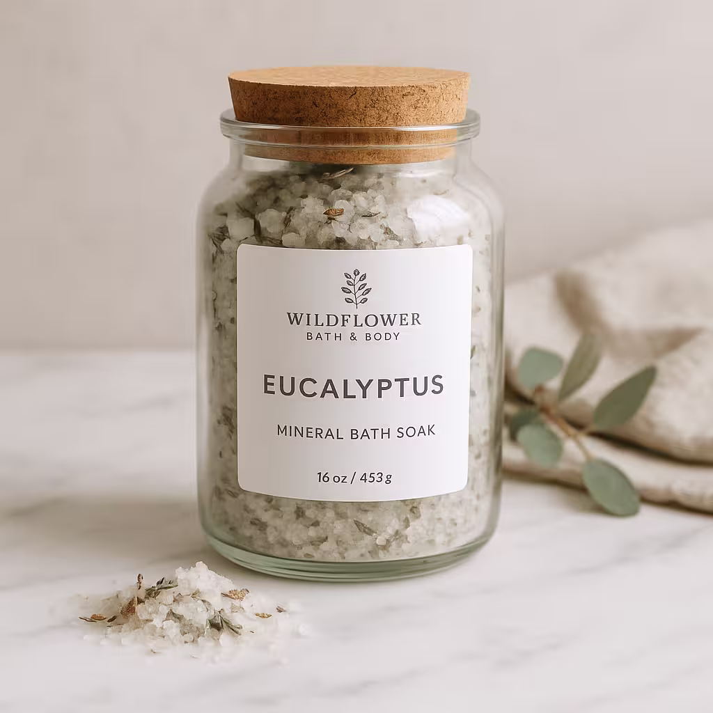 A product photo of Botanical Bath Soak from Wildflower Bath & Body in the 'Eucalyptus Mineral' scent.