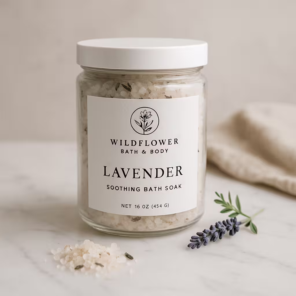 A product photo of Botanical Bath Soak from Wildflower Bath & Body in the 'Lavender Soothing' scent.