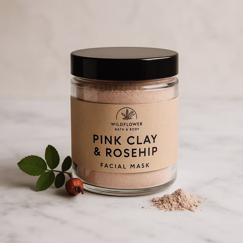 A product photo of Pink Clay & Rosehip Facial Mask from Wildflower Bath & Body.