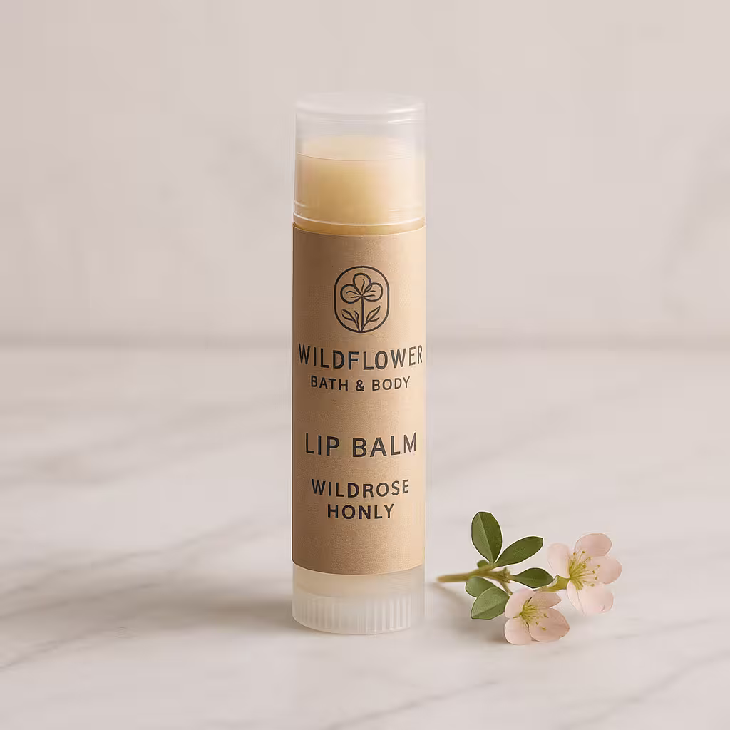 A product photo of Wildrose Honey Lip Balm from Wildflower Bath & Body.