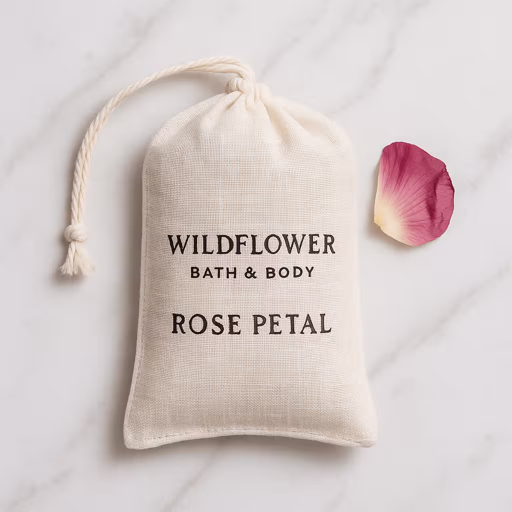 A product photo of Botanical Sachet from Wildflower Bath & Body in the 'Rose Petal' scent.