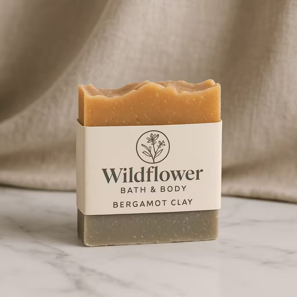 A product photo of Handcrafted Soap Bar from Wildflower Bath & Body in the 'Bergamot Clay' scent.
