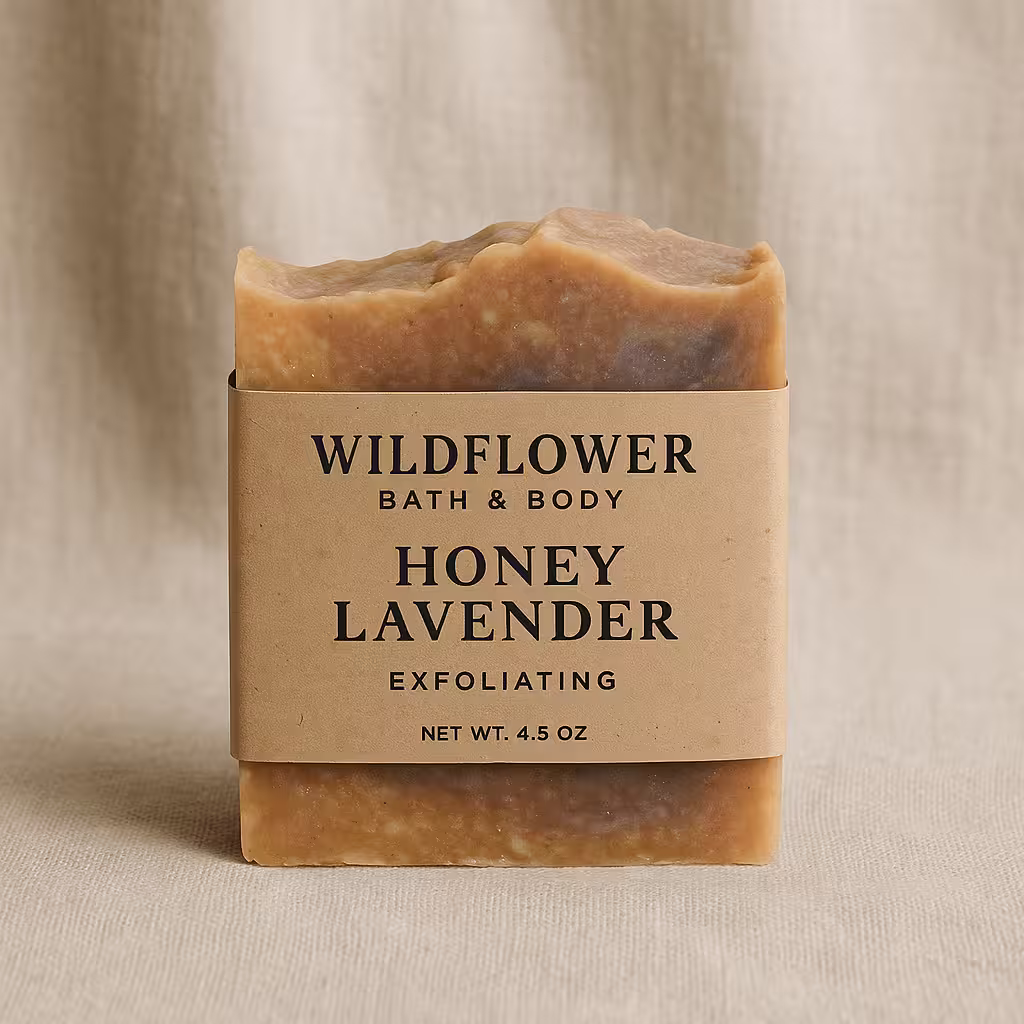 A product photo of Handcrafted Soap Bar from Wildflower Bath & Body in the 'Honey Lavender' scent.