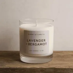 A product photo of Soy Candle (Glass Jar) from Summit & Flame Co. in the 'Lavender + Bergamot' scent.