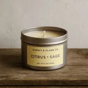 A product photo of Soy Candle (Tin) from Summit & Flame Co. in the 'Citrus + Sage' scent.