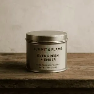 A product photo of Soy Candle (Tin) from Summit & Flame Co. in the 'Evergreen + Ember' scent.