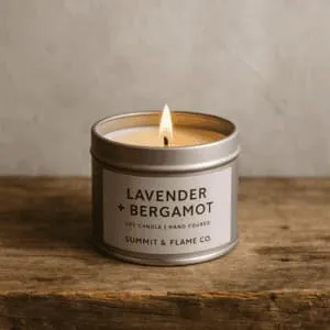 A product photo of Soy Candle (Tin) from Summit & Flame Co. in the 'Lavender + Bergamot' scent.