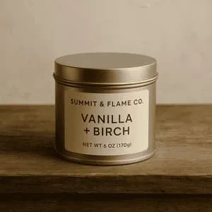 A product photo of Soy Candle (Tin) from Summit & Flame Co. in the 'Vanilla + Birch' scent.