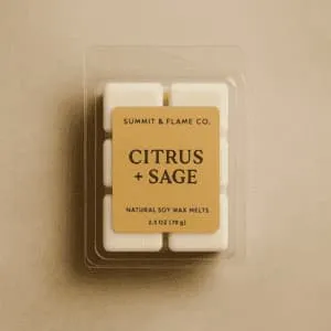 A product photo of Soy Wax Melts from Summit & Flame Co. in the 'Citrus + Sage' scent.