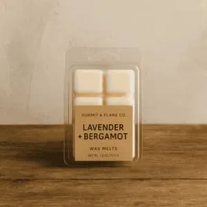 A product photo of Soy Wax Melts from Summit & Flame Co. in the 'Lavender + Bergamot' scent.