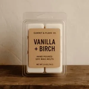 A product photo of Soy Wax Melts from Summit & Flame Co. in the 'Vanilla + Birch' scent.