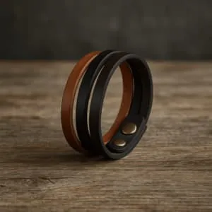 A product photo of Tri-tone Leather Wrap Bracelet from Trailhead Leatherworks.