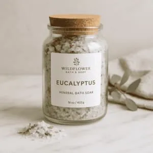 A product photo of Botanical Bath Soak from Wildflower Bath & Body in the 'Eucalyptus Mineral' scent.