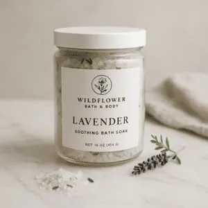 A product photo of Botanical Bath Soak from Wildflower Bath & Body in the 'Lavender Soothing' scent.