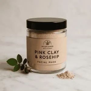A product photo of Pink Clay & Rosehip Facial Mask from Wildflower Bath & Body.